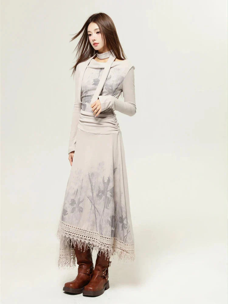 Botanical Print Scarf Tie Neck Long Sleeve Top and Fringe Lace Midi Skirt Set