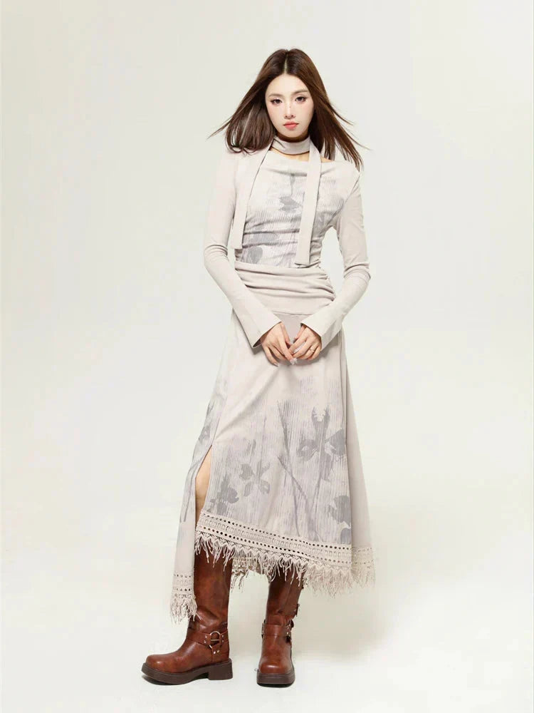Botanical Print Scarf Tie Neck Long Sleeve Top and Fringe Lace Midi Skirt Set