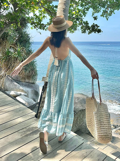 Bohemian Embroidered Halter Dress Unique Tropical Beach Look
