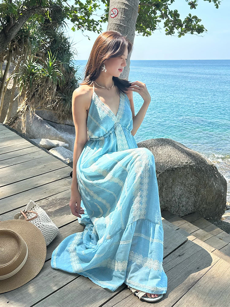 Bohemian Embroidered Halter Dress Unique Tropical Beach Look