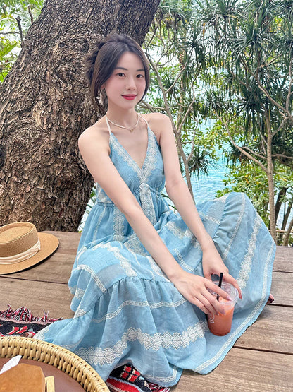 Bohemian Embroidered Halter Dress Unique Tropical Beach Look