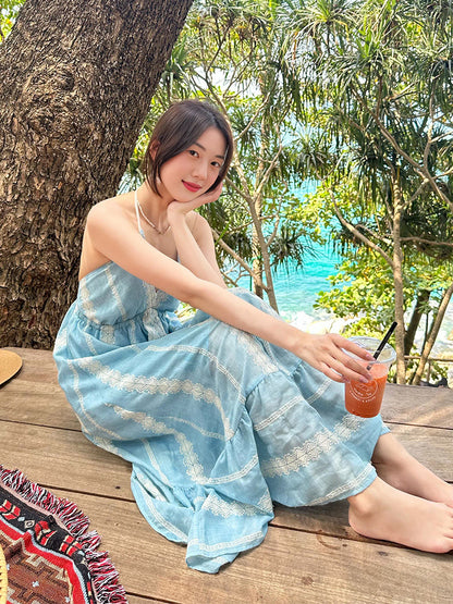 Bohemian Embroidered Halter Dress Unique Tropical Beach Look