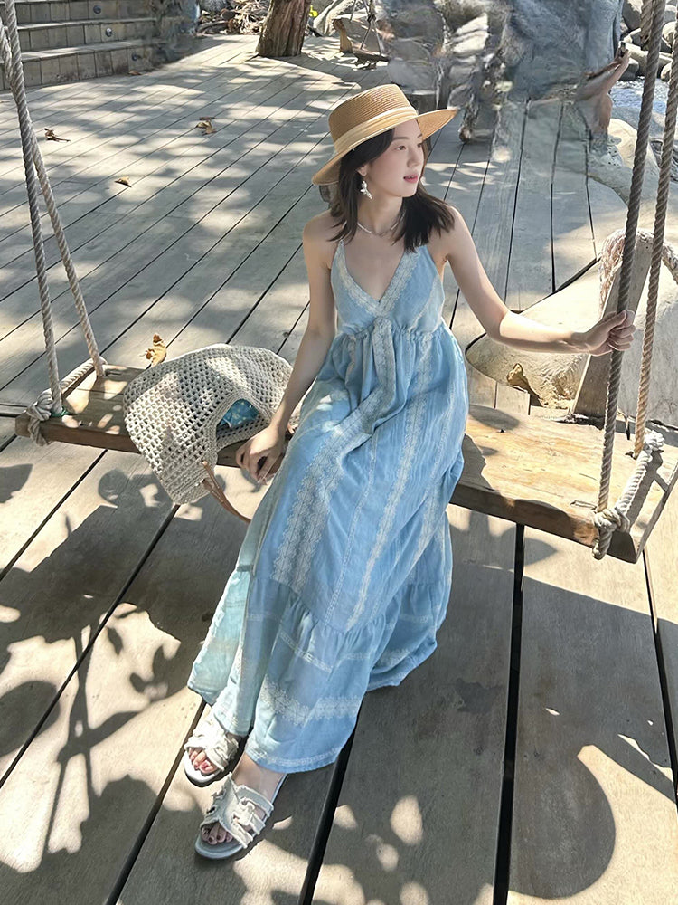 Bohemian Embroidered Halter Dress Unique Tropical Beach Look