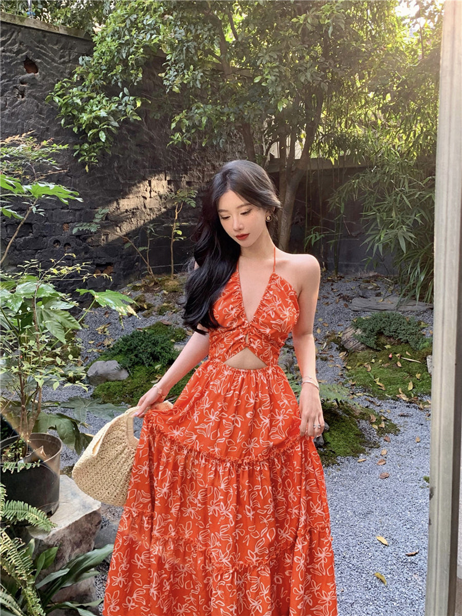 Bohemian Floral Halter Maxi Dress Exotic Vacation Look