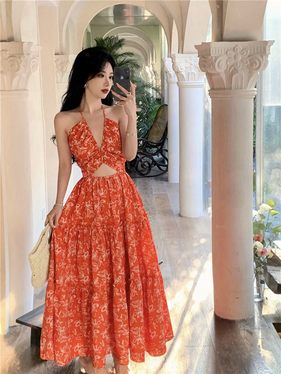 Bohemian Floral Halter Maxi Dress Exotic Vacation Look