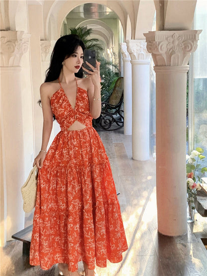 Bohemian Floral Halter Maxi Dress Exotic Vacation Look