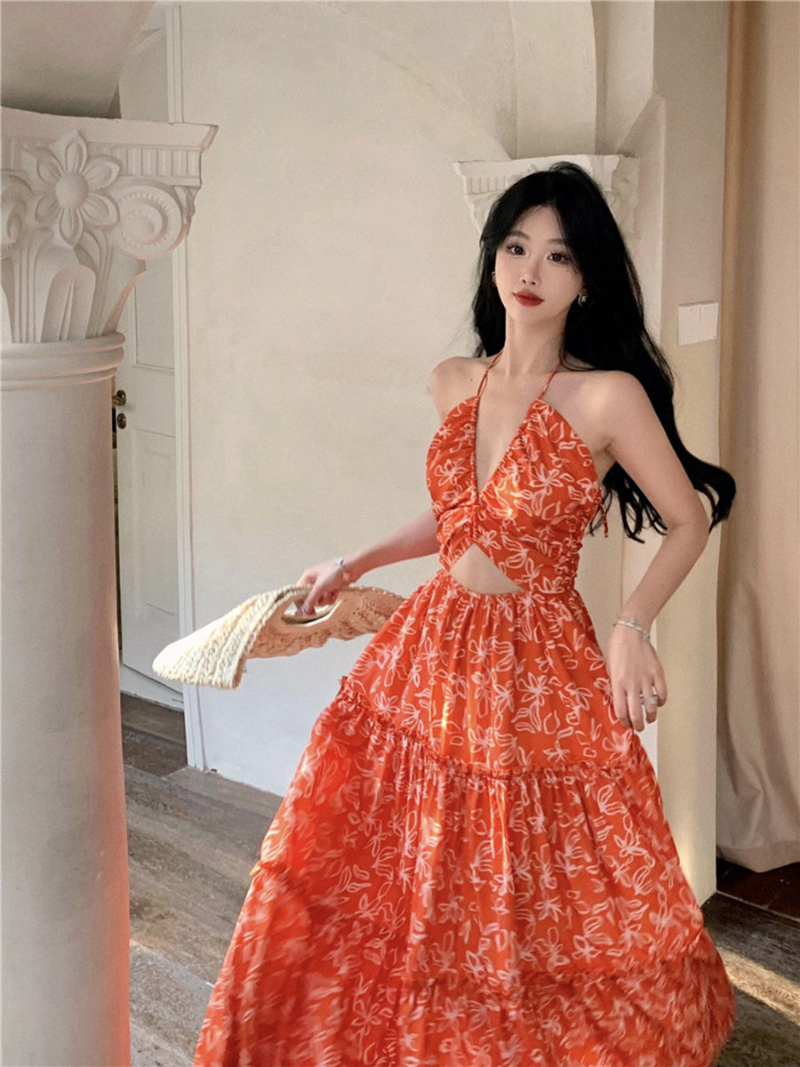 Bohemian Floral Halter Maxi Dress Exotic Vacation Look