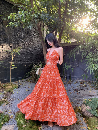 Bohemian Floral Halter Maxi Dress Exotic Vacation Look