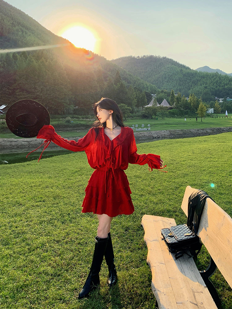 Bohemian Red Ruffle Sleeve Two-Piece Set Western Desert Adventure Outfit