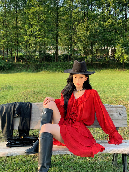 Bohemian Red Ruffle Sleeve Two-Piece Set Western Desert Adventure Outfit