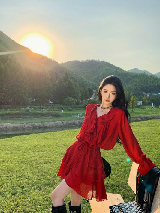 Bohemian Red Ruffle Sleeve Two-Piece Set Western Desert Adventure Outfit