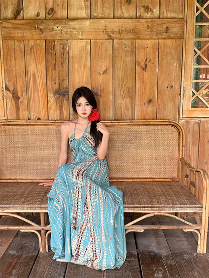 Bohemian Vintage Halter Maxi Dress Open-Back Beach Goddess Look