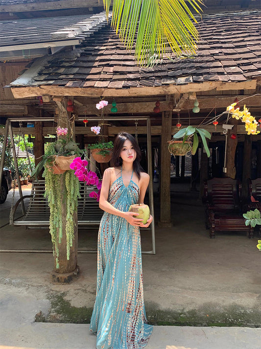 Bohemian Vintage Halter Maxi Dress Open-Back Beach Goddess Look