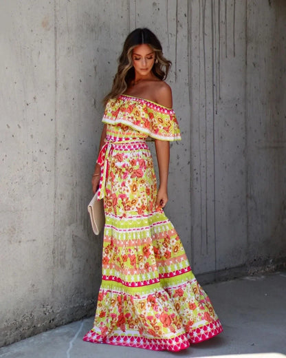 Boho Off-Shoulder Ruffle Floral Print Maxi Floral Dress