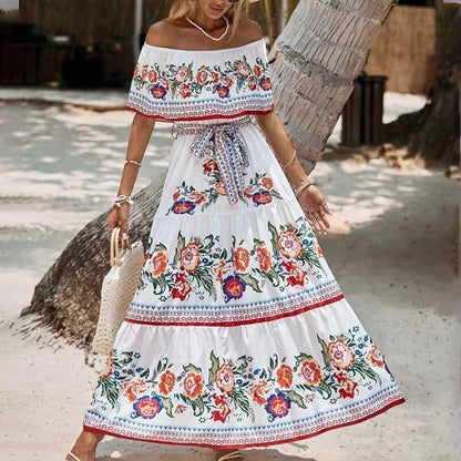 Boho Off-Shoulder Ruffle Floral Print Maxi Floral Dress