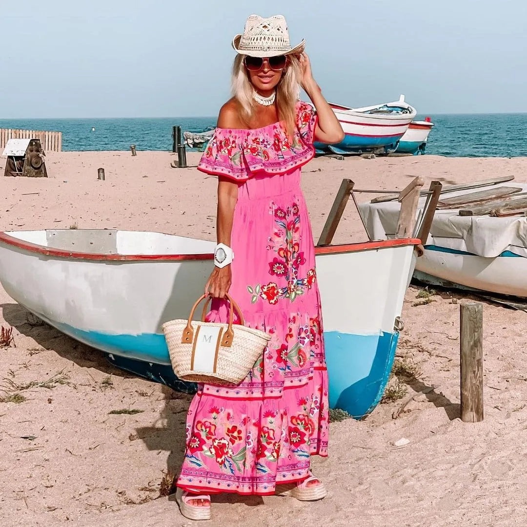 Boho Off-Shoulder Ruffle Floral Print Maxi Floral Dress