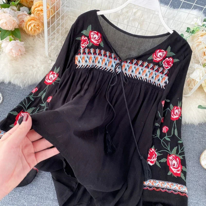 White Floral Embroidery Puff Sleeve Loose Boho Blouse