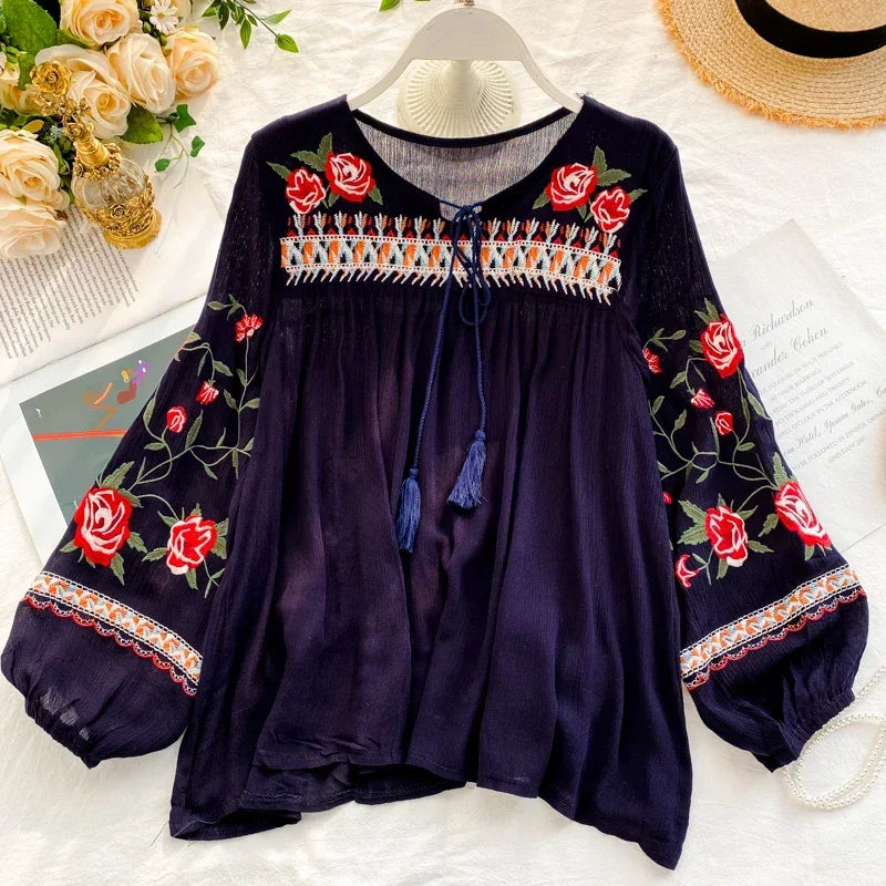 White Floral Embroidery Puff Sleeve Loose Boho Blouse
