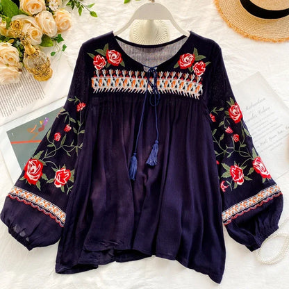 White Floral Embroidery Puff Sleeve Loose Boho Blouse