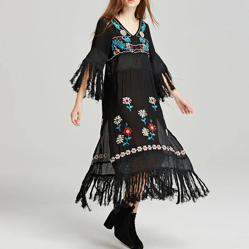 Boho Black Cotton Floral Embroidery Dress