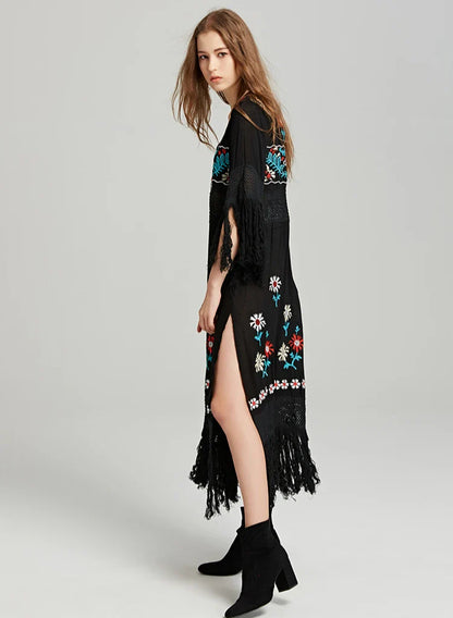 Boho Black Cotton Floral Embroidery Dress