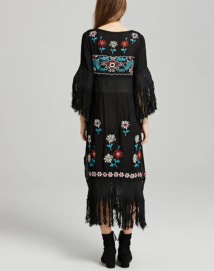 Boho Black Cotton Floral Embroidery Dress