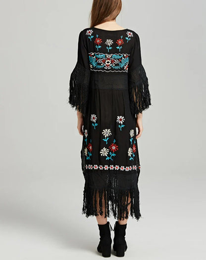 Boho Black Cotton Floral Embroidery Dress
