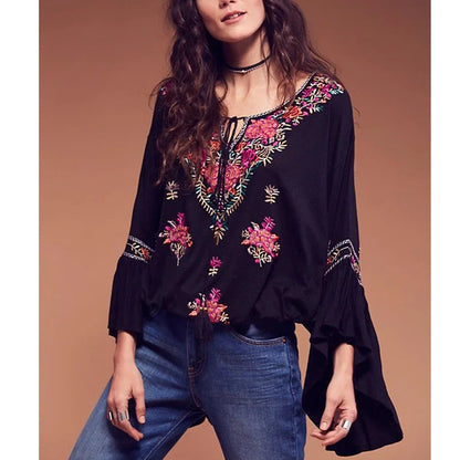 Floral Embroidered Flare Sleeve V-Neck Casual Boho Blouse