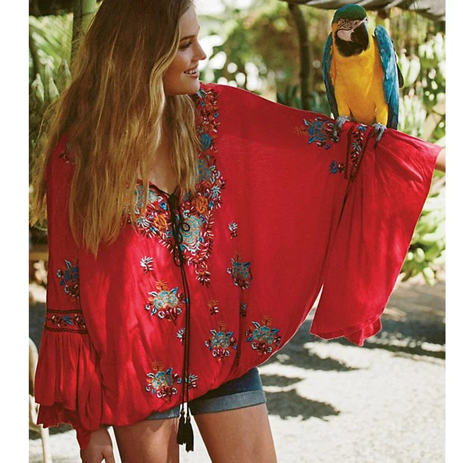 Floral Embroidered Flare Sleeve V-Neck Casual Boho Blouse