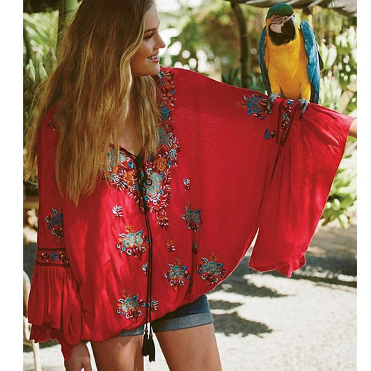 Floral Embroidered Flare Sleeve V-Neck Casual Boho Blouse