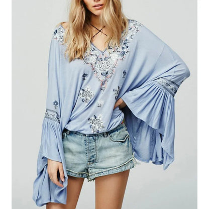 Floral Embroidered Flare Sleeve V-Neck Casual Boho Blouse
