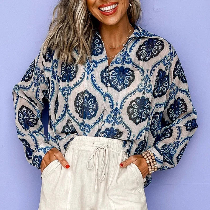 Blue Floral Printed Long Sleeve V-Neck Boho Blouse