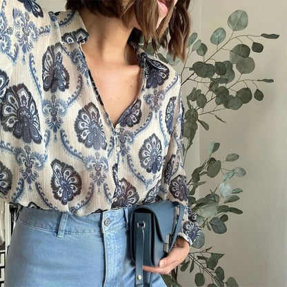 Blue Floral Printed Long Sleeve V-Neck Boho Blouse
