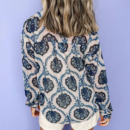 Blue Floral Printed Long Sleeve V-Neck Boho Blouse