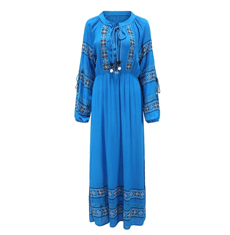 Boho Blue/White Cotton Rayon Maxi Dress