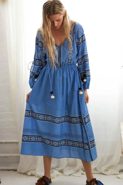Boho Blue/White Cotton Rayon Maxi Dress