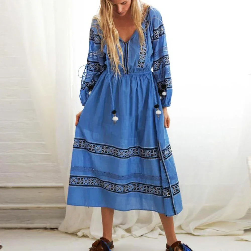 Boho Blue/White Cotton Rayon Maxi Dress
