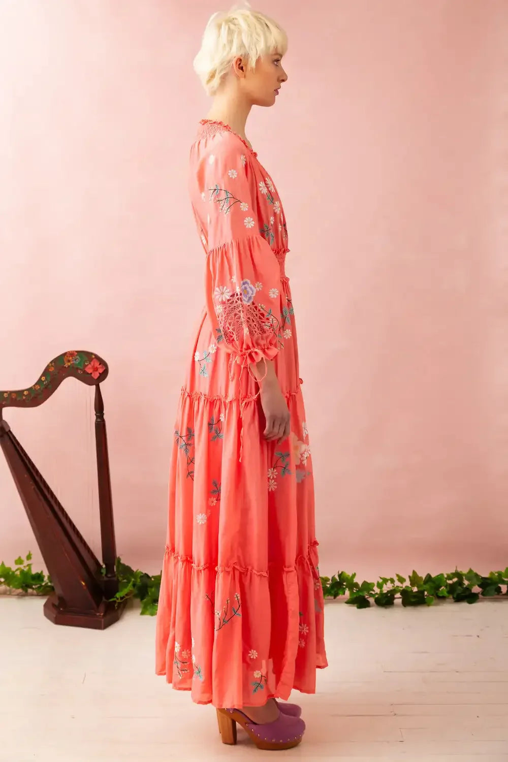 Boho Embroidery Floral Deep V High Waist Dress