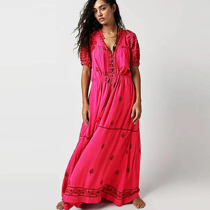 Floral Embroidery Cotton Boho Dress