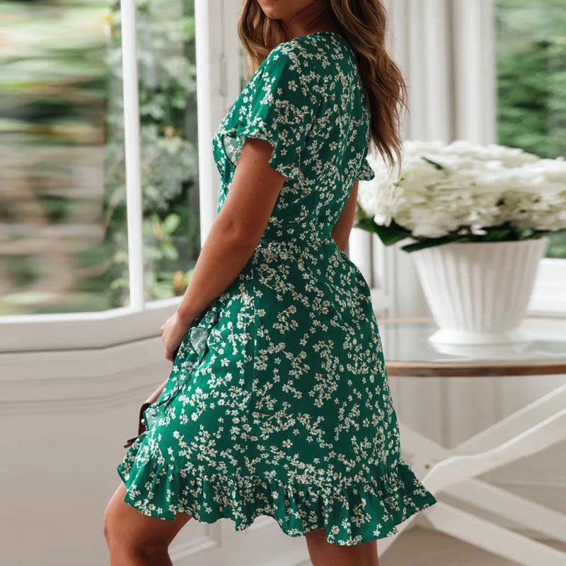 Sexy Floral Print V-neck Chiffon Mini Floral Dress