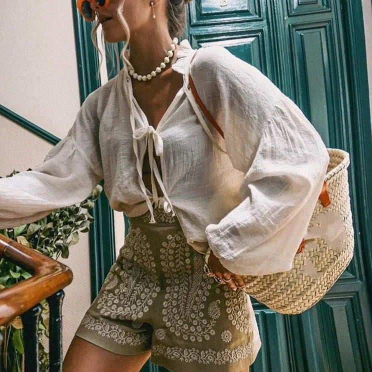 Boho-Style Women's Shorts with Floral Embroidery – Breathable Linen High Waist Summer Shorts
