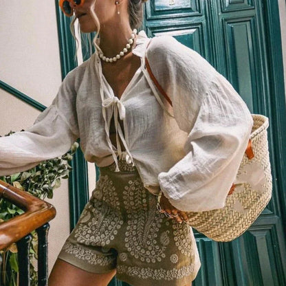 Boho-Style Women's Shorts with Floral Embroidery – Breathable Linen High Waist Summer Shorts