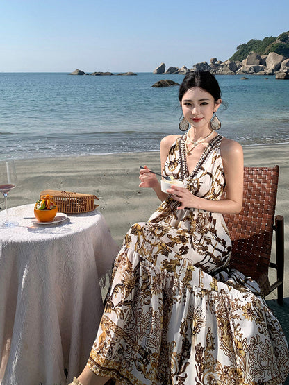 Boho Chic V-Neck Printed Maxi Dress Elegant Beach Vacation Outfit