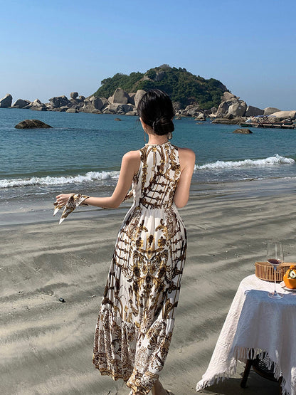 Boho Chic V-Neck Printed Maxi Dress Elegant Beach Vacation Outfit