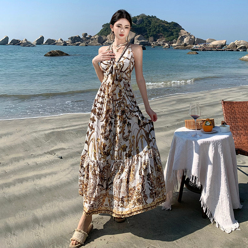 Boho Chic V-Neck Printed Maxi Dress Elegant Beach Vacation Outfit
