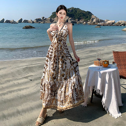 Boho Chic V-Neck Printed Maxi Dress Elegant Beach Vacation Outfit