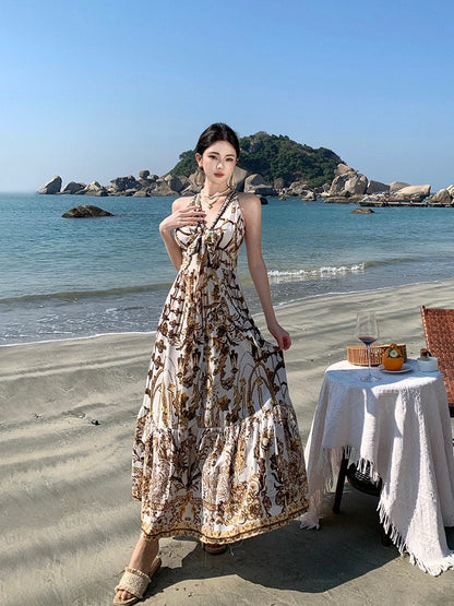 Boho Chic V-Neck Printed Maxi Dress Elegant Beach Vacation Outfit