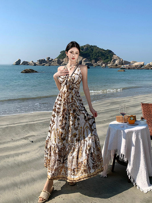 Boho Chic V-Neck Printed Maxi Dress Elegant Beach Vacation Outfit