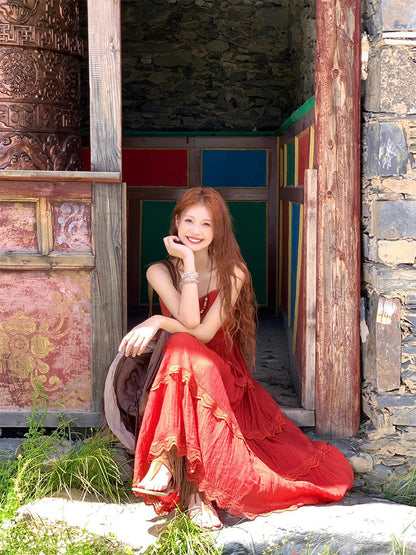 Boho Ethnic-Style Red Dress Unique Holiday Midi Sundress