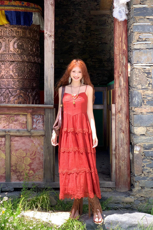 Boho Ethnic-Style Red Dress Unique Holiday Midi Sundress